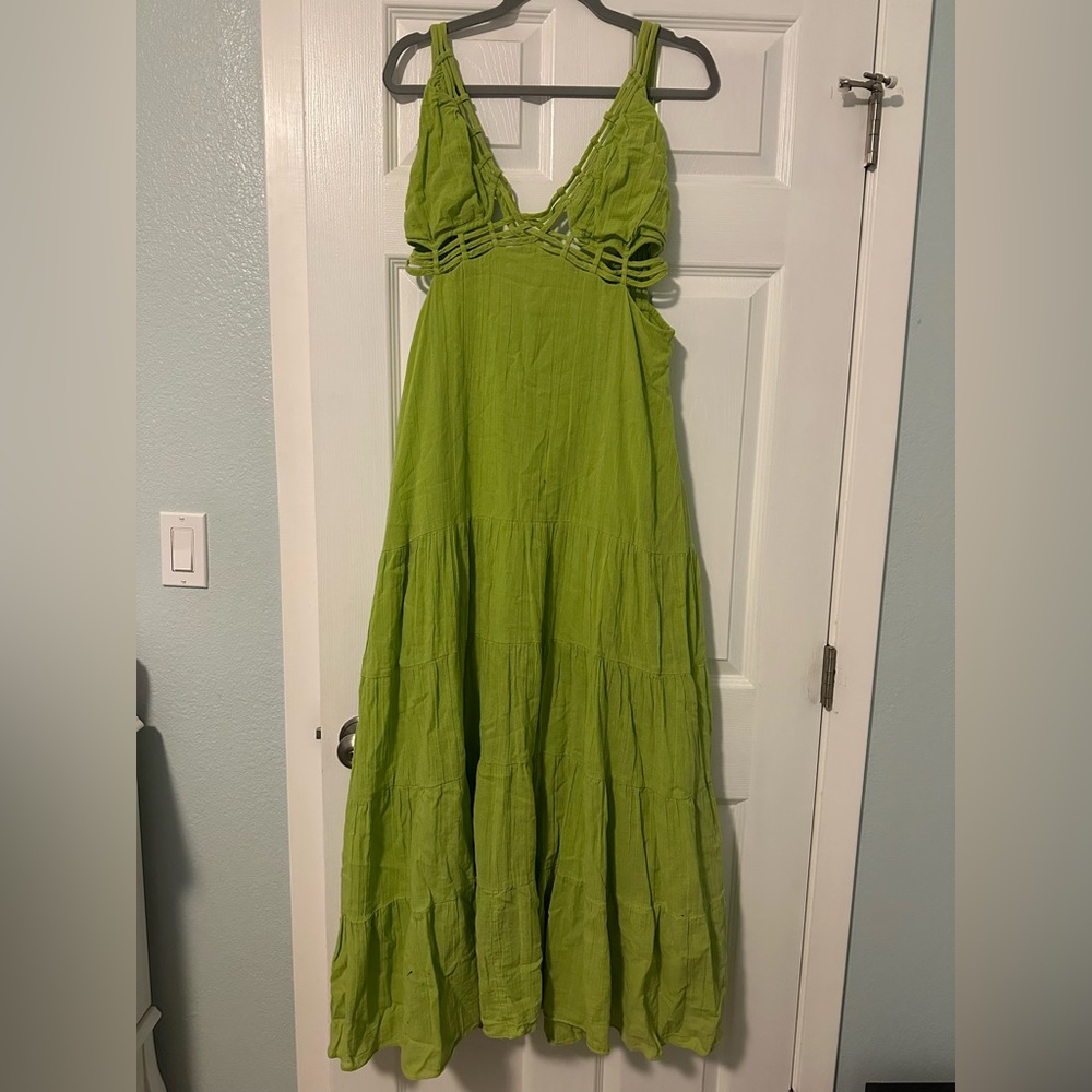 New Free People Auralie Maxi Dress size LARGE Citron Green Tiered - Picture 2 of 6